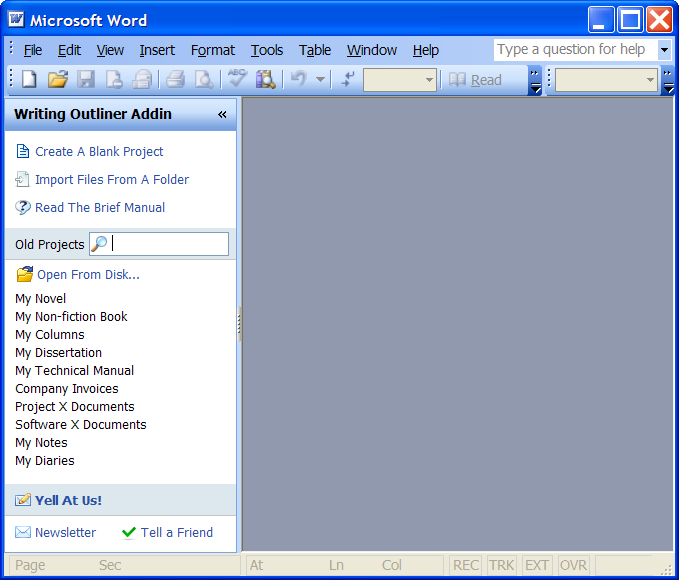 Writing Outliner Screenshot - Welcome Pane